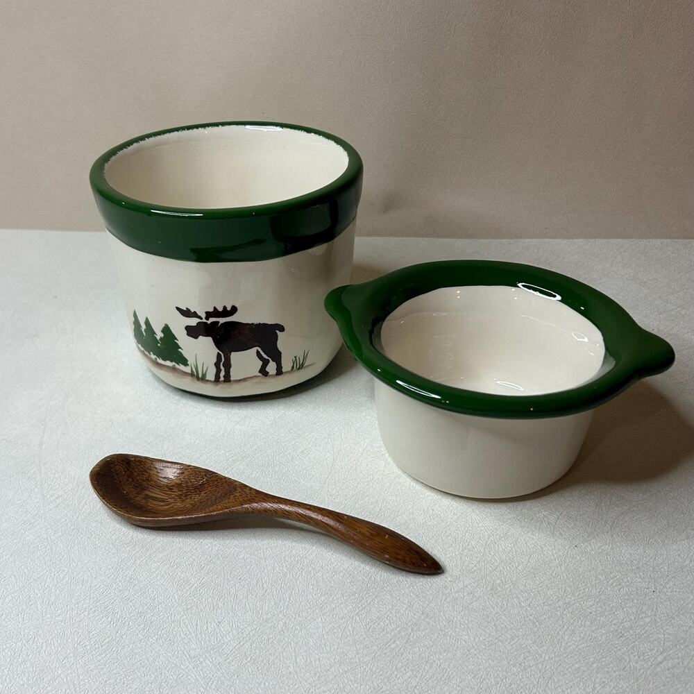 Vintage Moose Cold Dip Chiller Set, Ceramic Double Bowl with Lid & Wooden Spoon